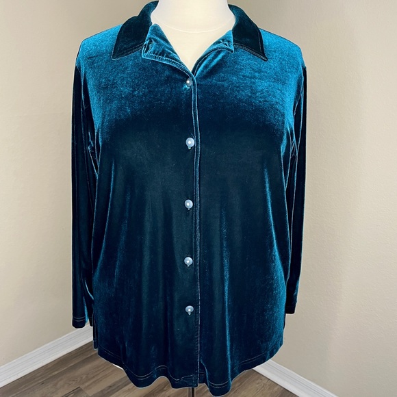 Kathie Lee Collection Tops - Kathie Lee Green Velvet Button Shirt Top Size 18W 20W Long Sleeve Stretch Bling